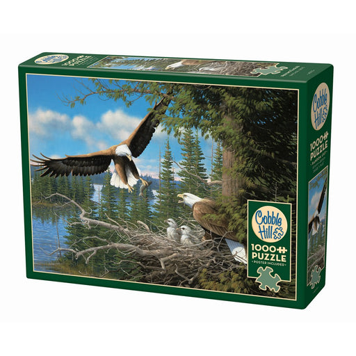 Cobble Hill 1000-piece puzzle box featuring eagles and a nest on a lake.