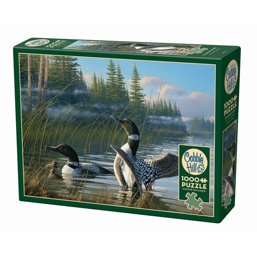 Cobble Hill puzzle box featuring ducks on a lake with trees in the background