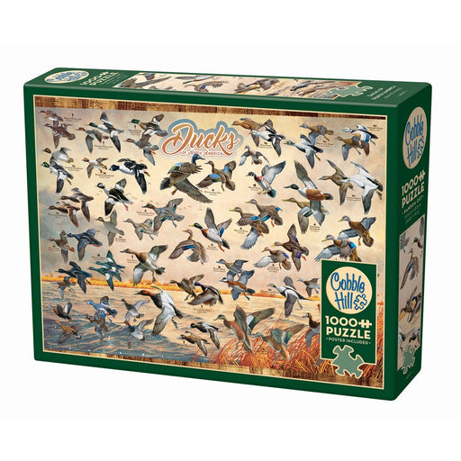 Cobble Hill puzzle box featuring ducks on a lake with a green border