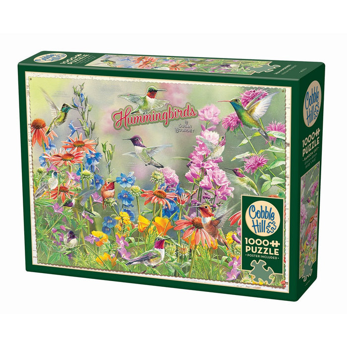 Cobble Hill 1000-piece puzzle box featuring hummingbirds and flowers on a white background