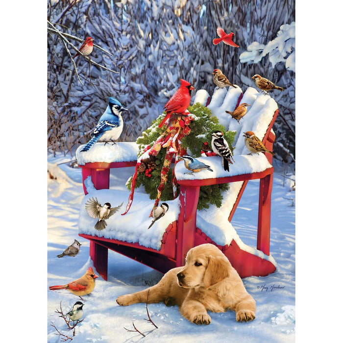 Red sled with a dog and birds in a snowy scene