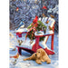 Red sled with a dog and birds in a snowy scene