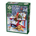 Jigsaw puzzle box with a winter scene featuring a dog, birds, and a red chair.