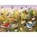 Colorful illustration of birds around a birdbath with flowers and butterflies.