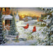 Winter scene with cardinals near a house and church, surrounded by snow and trees.