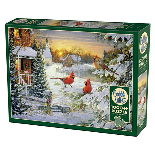 Cobble Hill puzzle box with winter scene and cardinals on a snowy landscape