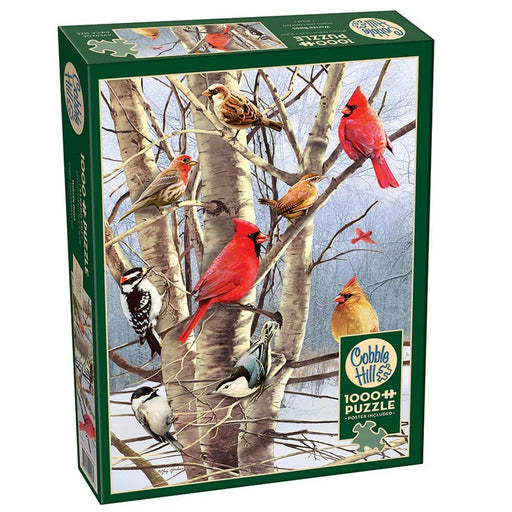 Jigsaw puzzle box with birds on a tree design