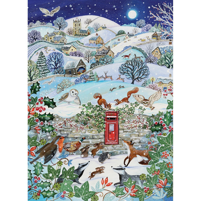Winter scene with animals and a red post box in a snowy landscape
