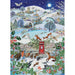 Winter scene with animals and a red post box in a snowy landscape