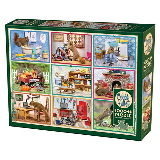 Cobble Hill puzzle box with images of a squirrel in various activities on a white background
