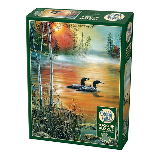 Cobble Hill puzzle box with a scenic design of two ducks on a lake at sunset.
