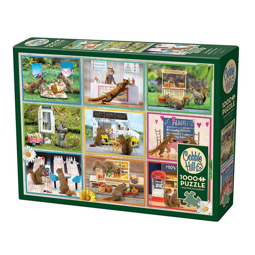 Cobble Hill puzzle box with images of squirrels in various scenarios on a white background