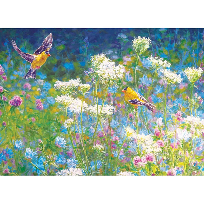 Two birds in a field of flowers with a colorful background