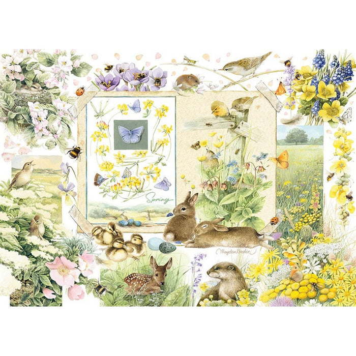 Illustration of animals and nature elements around a window with a butterfly inside.