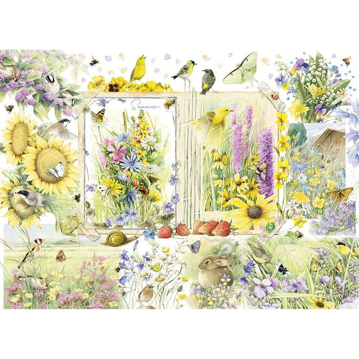 Scenic design with flowers, birds, and butterflies on a white background