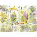 Scenic design with flowers, birds, and butterflies on a white background