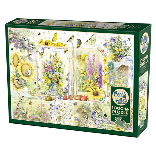 Cobble Hill 1000-piece puzzle box with nature-themed design featuring flowers and birds.
