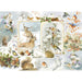 Illustration of winter animals and birds in a snowy landscape with decorative elements.