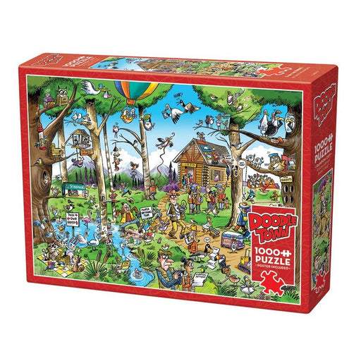 Jigsaw puzzle box with colorful illustration of a town scene on a white background