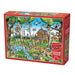 Jigsaw puzzle box with colorful illustration of a town scene on a white background