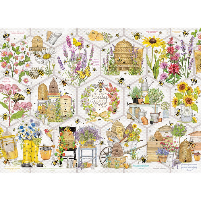 Illustrated puzzle design featuring bees, flowers, and beekeeping equipment on a white background.