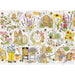 Illustrated puzzle design featuring bees, flowers, and beekeeping equipment on a white background.