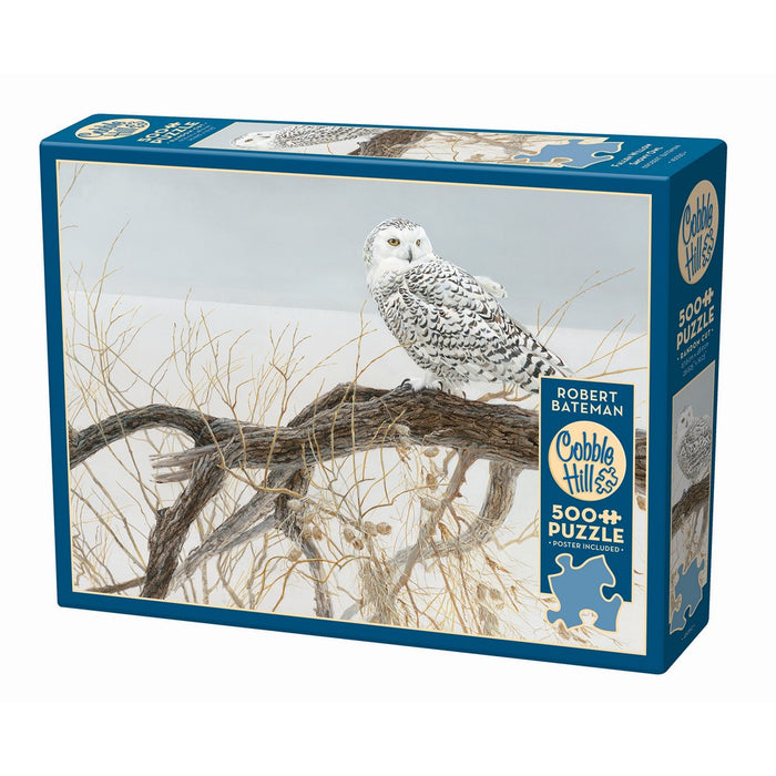 Cobble Hill Snowy Owl 500 piece jigsaw puzzle featuring Robert Bateman wildlife art