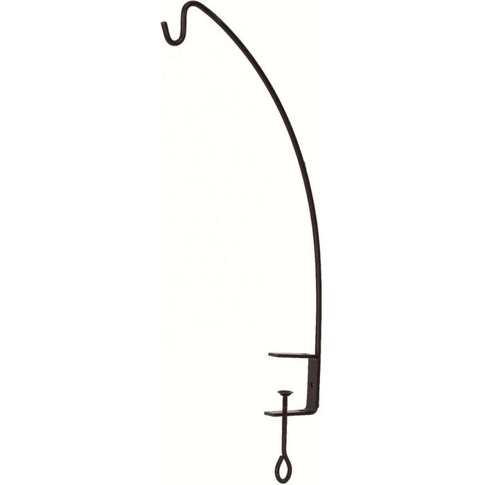 Curved metal hook with a small stand on a white background