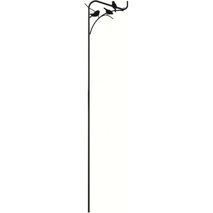 Black metal garden stake with bird design on a white background
