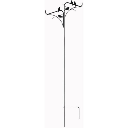 Black metal garden stake with bird design on a white background