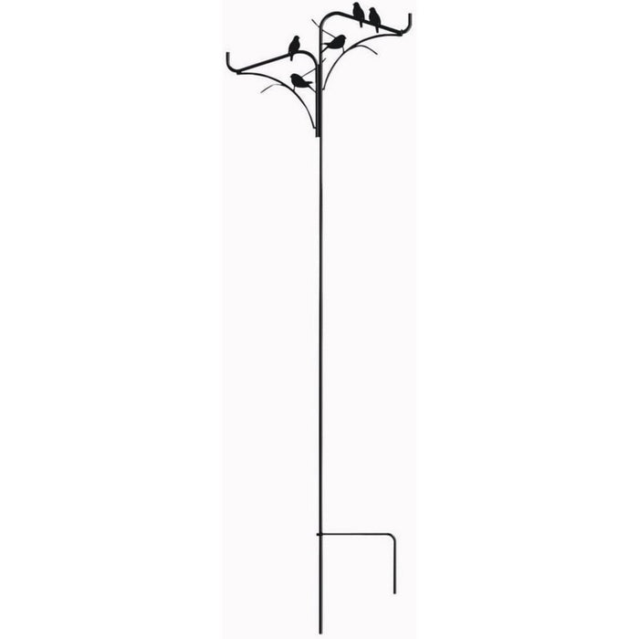 Black metal garden stake with bird design on a white background