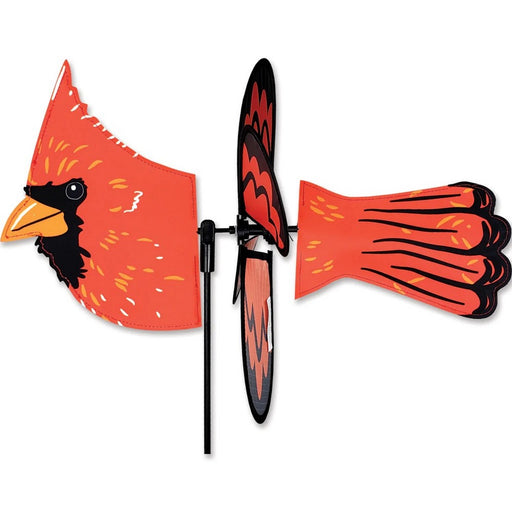 Cardinal-shaped wind spinner with red, black, and orange colors on a white background