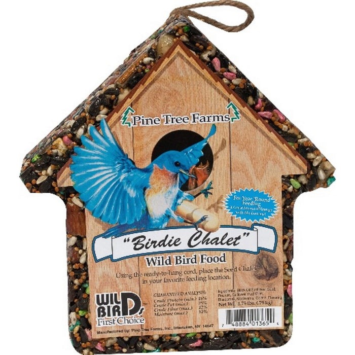 Birdie Chatek wild bird food packaging with a blue bird illustration on a white background