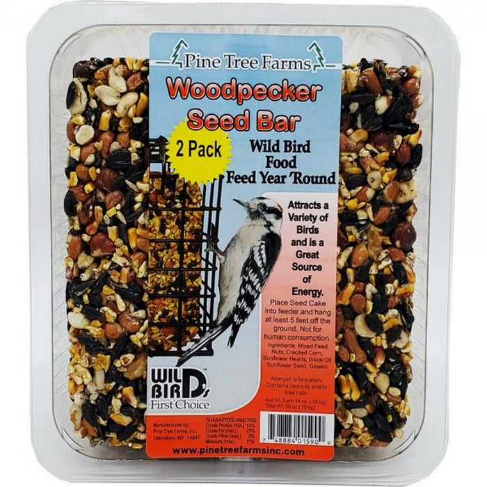 Pine Tree Farms Woodpecker Seed Bar packaging with bird seed and label on a white background