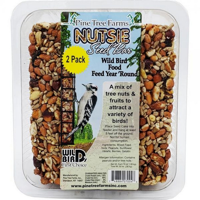 Pine Tree Farms Nutsie Seed Bar wild bird food packaging with a bird illustration on a white background