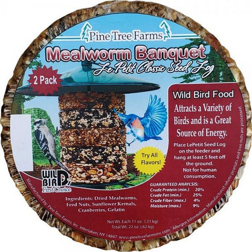 Pine Tree Farms Mealworm Banquet bird feeder packaging on a white background