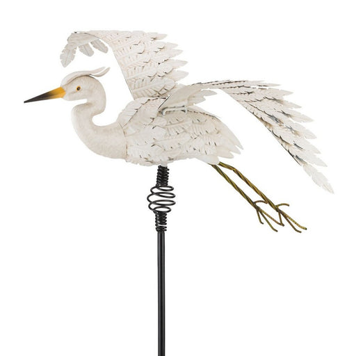Decorative garden stake in the shape of a crane on a white background