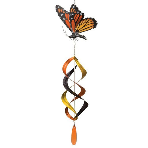 Butterfly-shaped wind chime with orange, black, and yellow colors on a white background