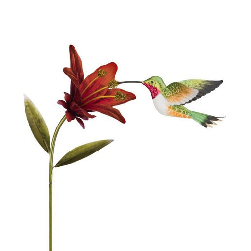 Decorative metal sculpture of a hummingbird and red flower on a white background