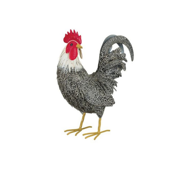 Rooster figurine with a red comb on a white background