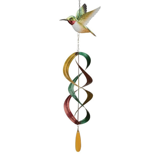 Colorful wind chime with a hummingbird design on a white background