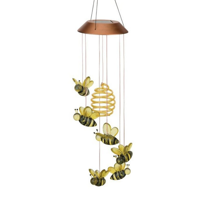 Solar-powered bee-shaped wind chime on a white background