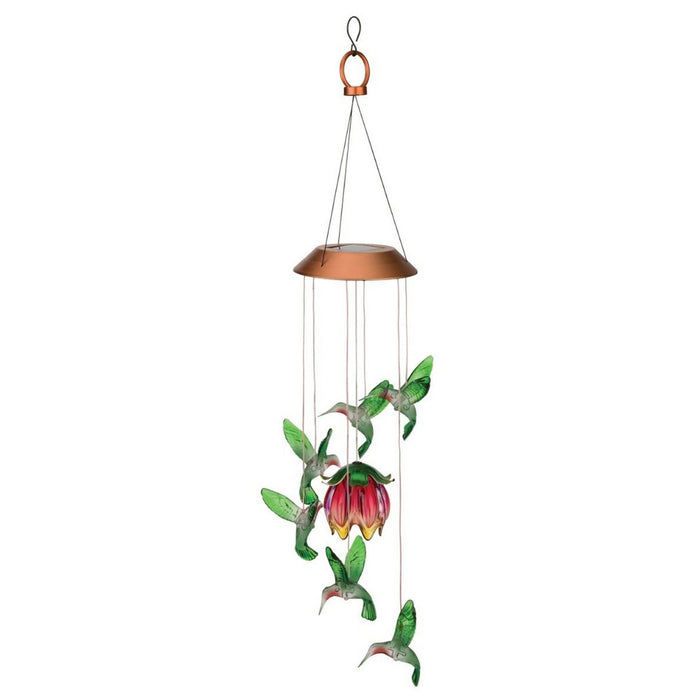Decorative hanging wind chime with hummingbirds and flowers on a white background