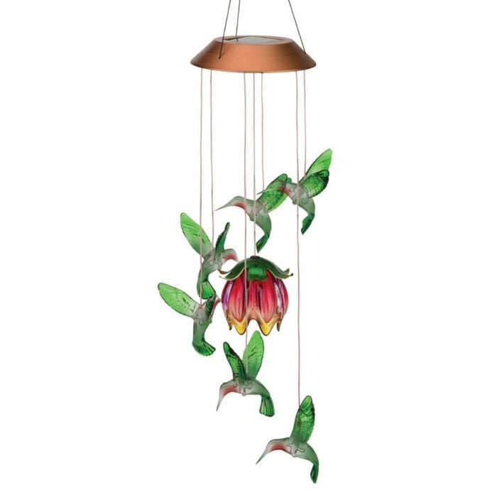Solar-powered hummingbird and flower wind chime on a white background