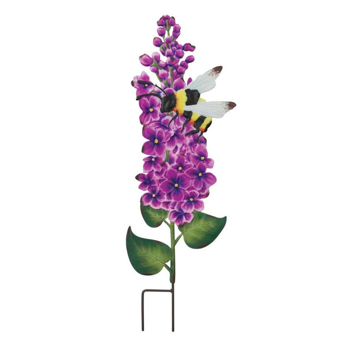 Decorative garden stake with purple flowers and a bee on a white background