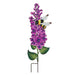 Decorative garden stake with purple flowers and a bee on a white background