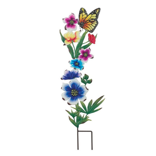Decorative garden stake with colorful flowers and a butterfly on a white background