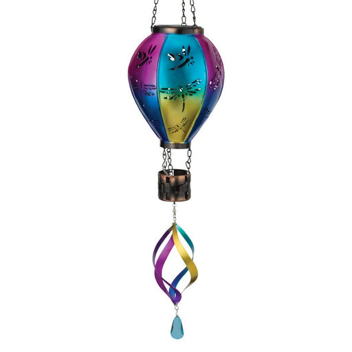 Colorful glass wind chime with hanging design on a white background