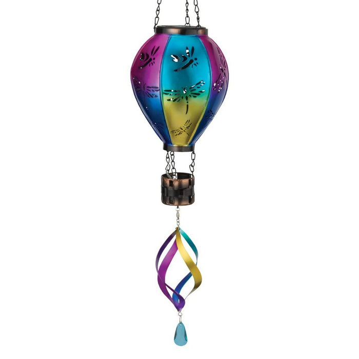 Colorful glass wind chime with hanging design on a white background