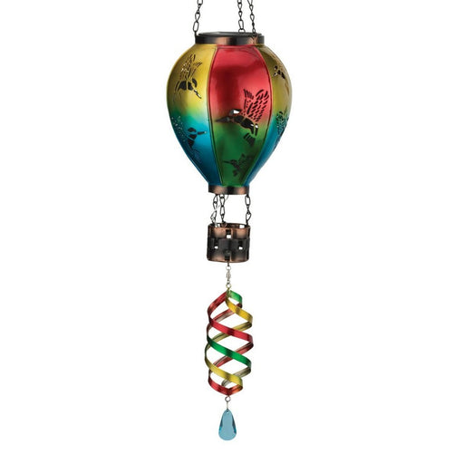 Colorful wind chime with butterfly design on a white background